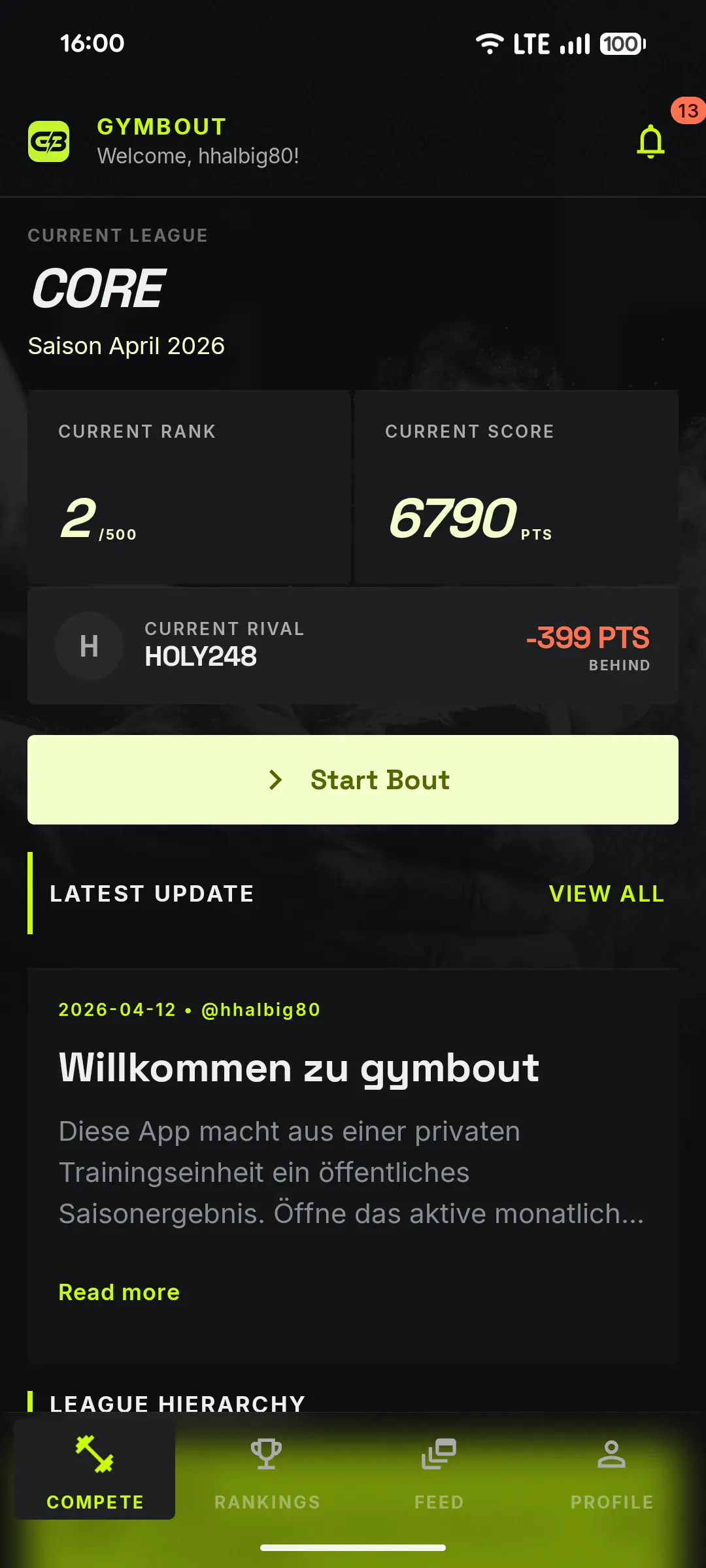 Gymbout-Dashboard mit aktueller Liga, Score, Rivalen-Abstand und letztem Update