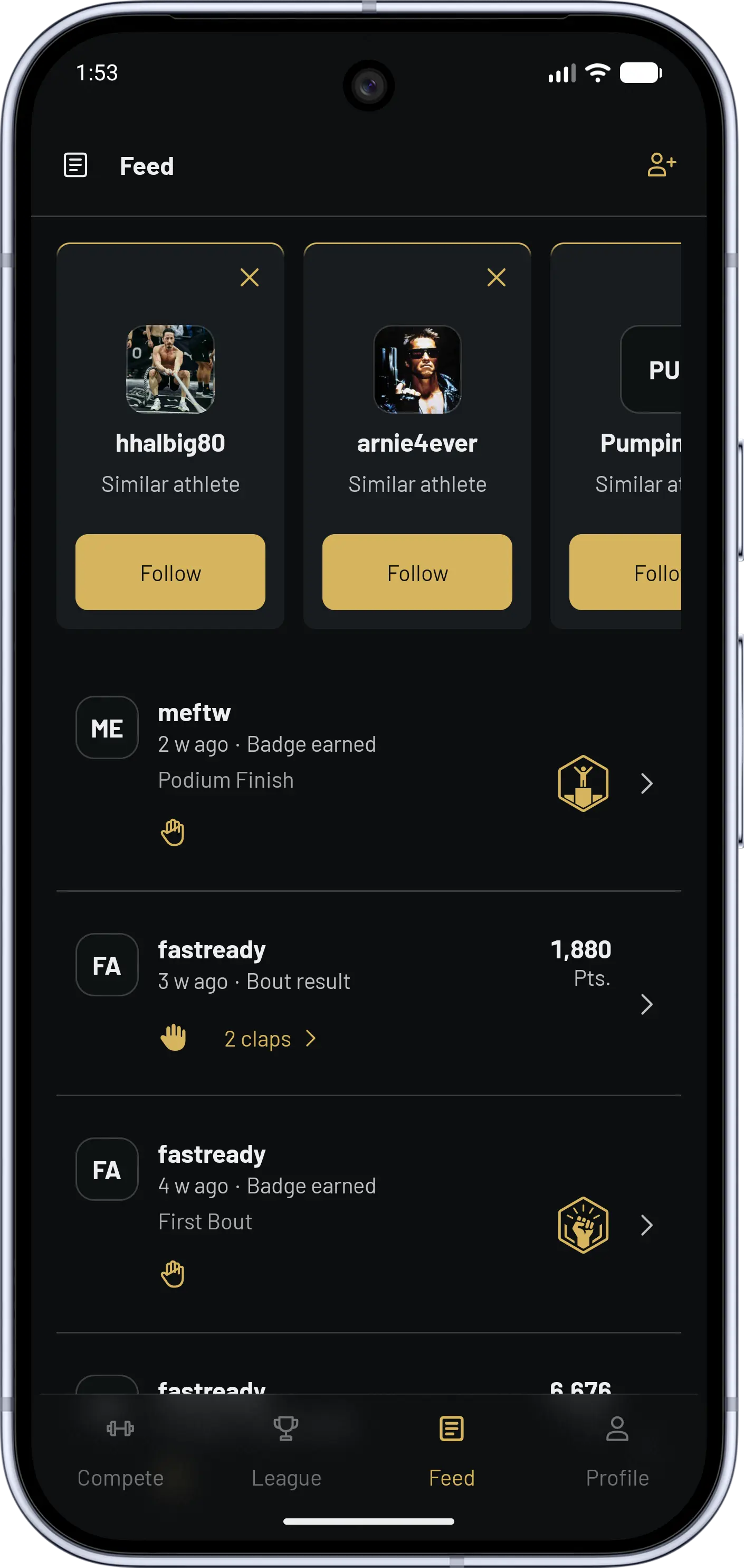 Gymbout athlete feed showing recent bout results, Verified Lifts, and Claps