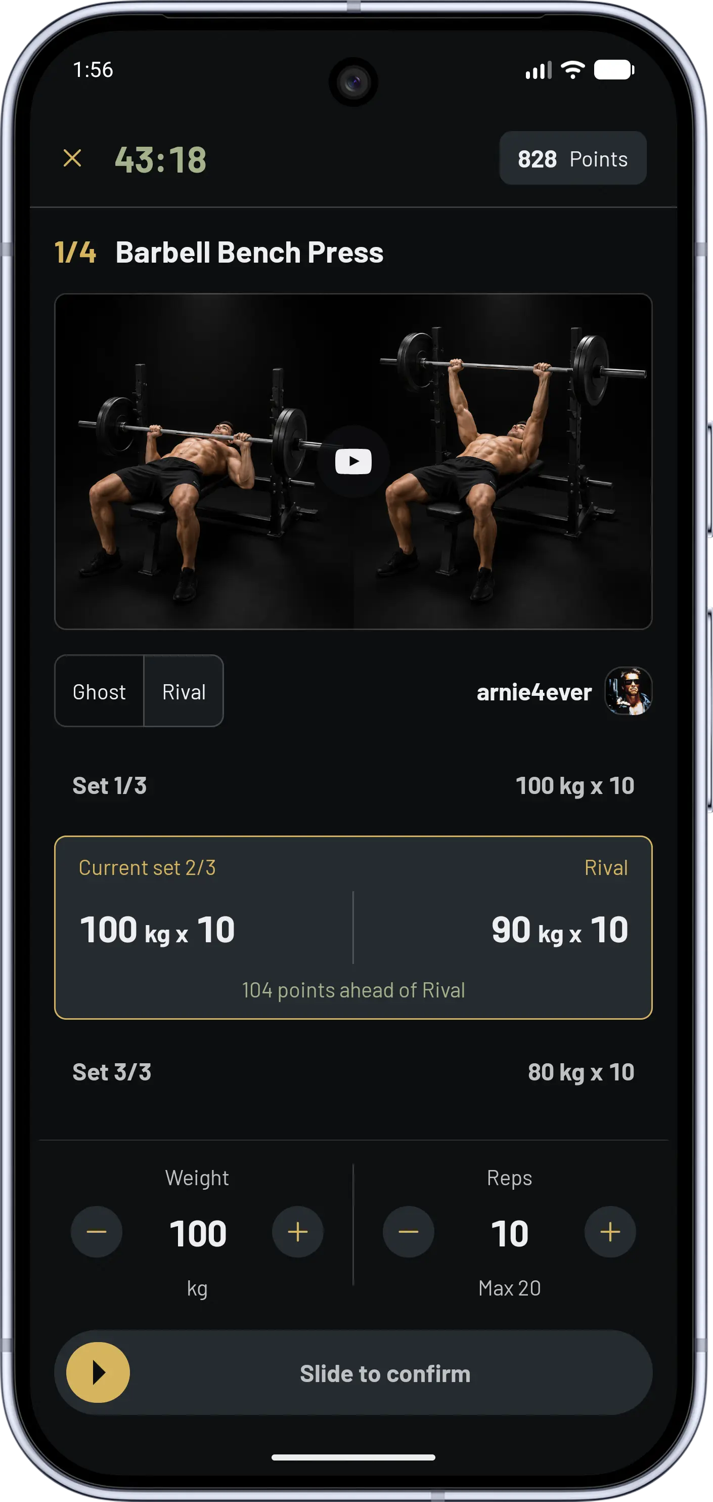 Gymbout live bout screen showing set progress, Ghost pace, and logging controls