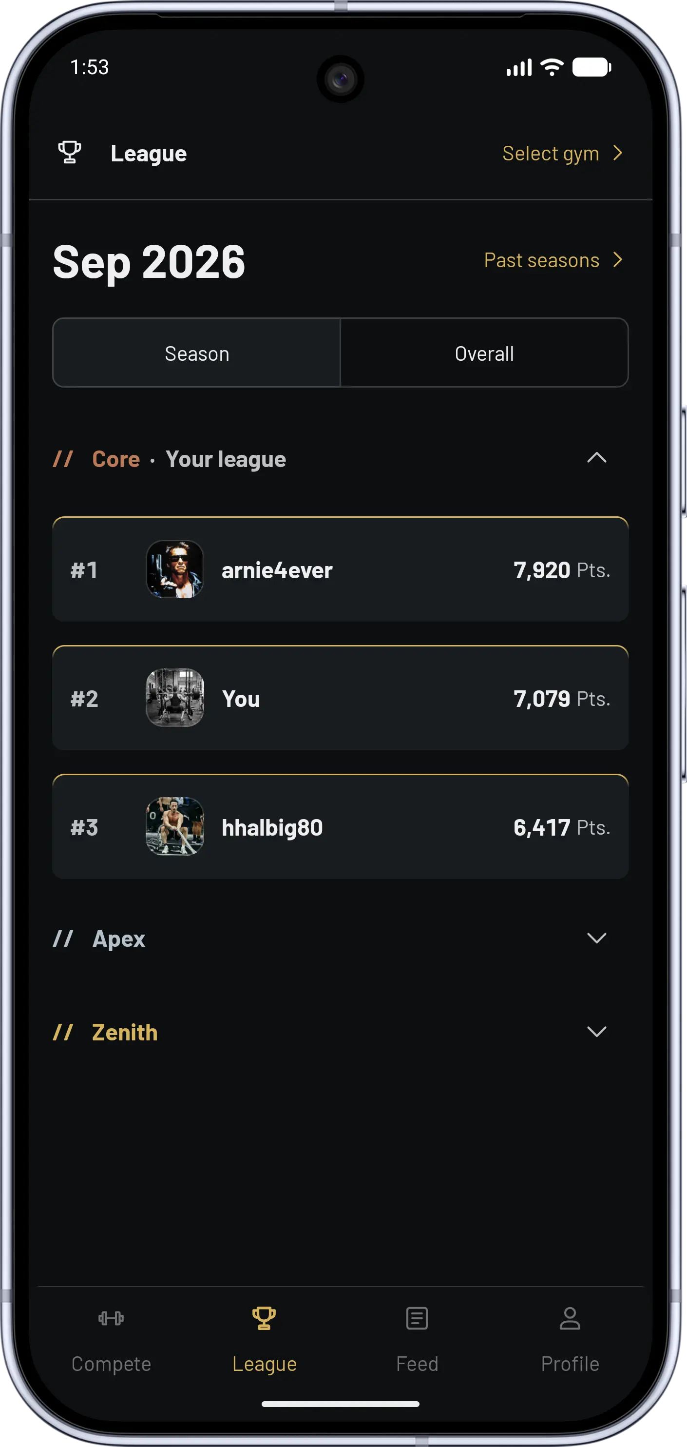 Gymbout league screen showing three league podiums